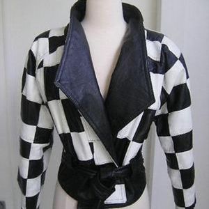 Vintage 80's Checkered Racing Flag Leather Jacket